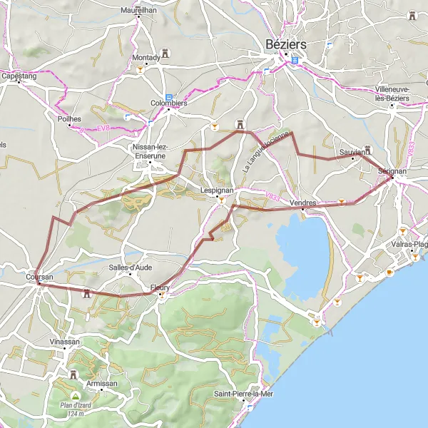 Miniature de la carte de l'inspiration cycliste "Le Tour des Collines du Languedoc" dans la Languedoc-Roussillon, France. Générée par le planificateur d'itinéraire cycliste Tarmacs.app