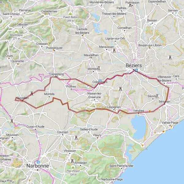 Map miniature of "Scenic Gravel Route: Exploring Vineyards" cycling inspiration in Languedoc-Roussillon, France. Generated by Tarmacs.app cycling route planner