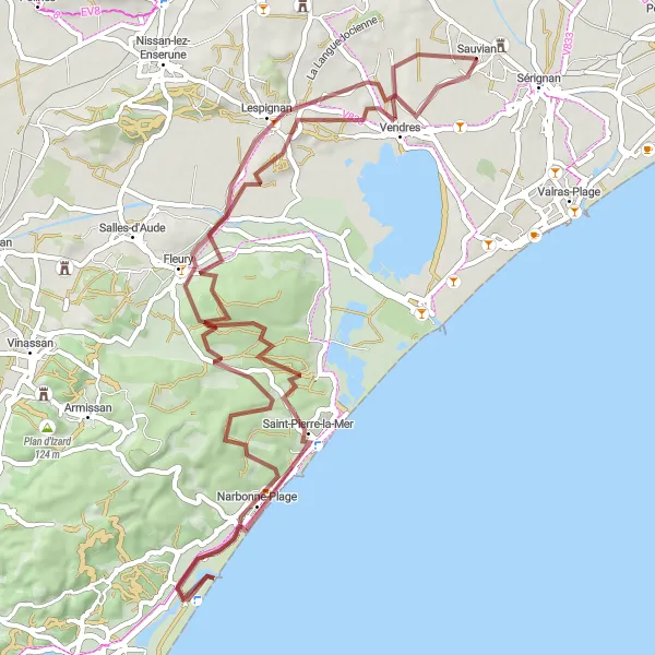 Miniature de la carte de l'inspiration cycliste "Boucle du littoral Narbonnais" dans la Languedoc-Roussillon, France. Générée par le planificateur d'itinéraire cycliste Tarmacs.app