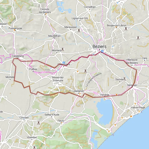 Miniature de la carte de l'inspiration cycliste "Tour des Vignes de l'Hérault" dans la Languedoc-Roussillon, France. Générée par le planificateur d'itinéraire cycliste Tarmacs.app