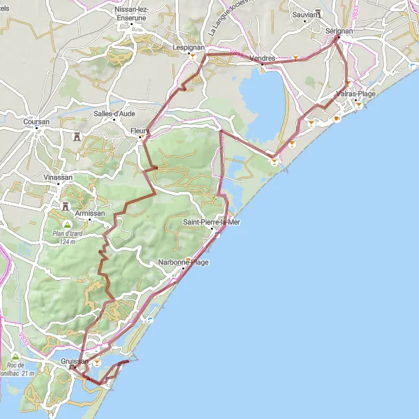 Map miniature of "The Gravel Adventure" cycling inspiration in Languedoc-Roussillon, France. Generated by Tarmacs.app cycling route planner