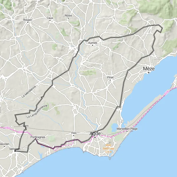 Miniature de la carte de l'inspiration cycliste "Escapade dans l'arrière-pays Biterrois" dans la Languedoc-Roussillon, France. Générée par le planificateur d'itinéraire cycliste Tarmacs.app