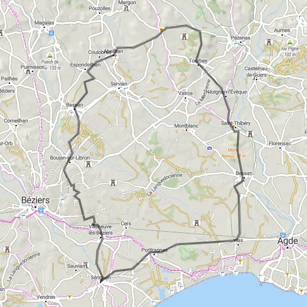 Map miniature of "Rolling Hills and Coastal Delights" cycling inspiration in Languedoc-Roussillon, France. Generated by Tarmacs.app cycling route planner