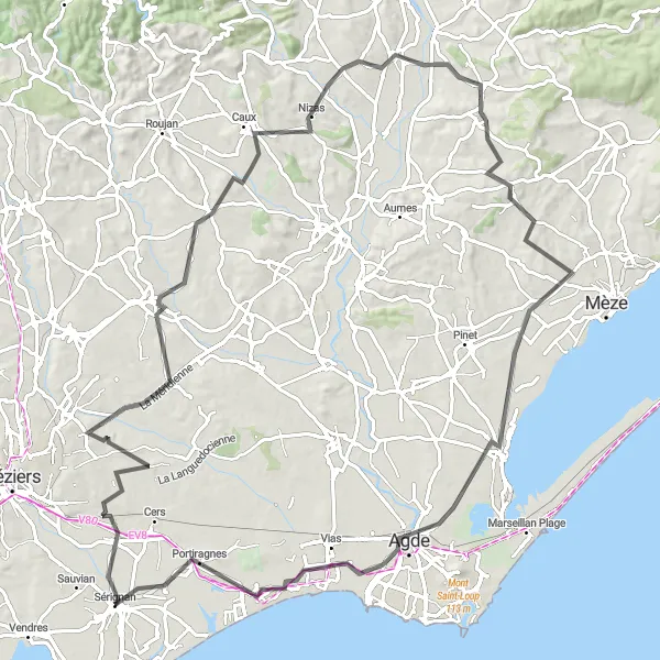 Miniature de la carte de l'inspiration cycliste "Les Villages du Littoral" dans la Languedoc-Roussillon, France. Générée par le planificateur d'itinéraire cycliste Tarmacs.app
