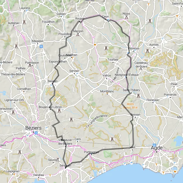 Miniature de la carte de l'inspiration cycliste "Les Paysages du Terroir" dans la Languedoc-Roussillon, France. Générée par le planificateur d'itinéraire cycliste Tarmacs.app