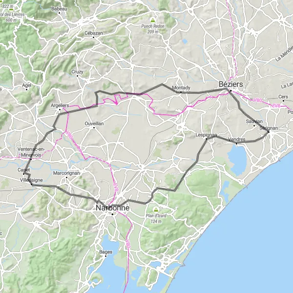 Map miniature of "Coastal Adventure" cycling inspiration in Languedoc-Roussillon, France. Generated by Tarmacs.app cycling route planner