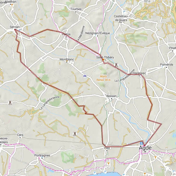 Miniature de la carte de l'inspiration cycliste "Aventure nature autour de Servian" dans la Languedoc-Roussillon, France. Générée par le planificateur d'itinéraire cycliste Tarmacs.app