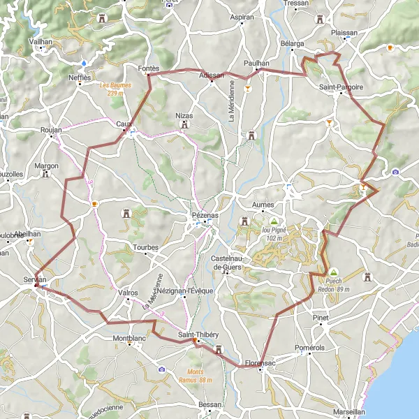 Miniature de la carte de l'inspiration cycliste "Le Tour de Servian" dans la Languedoc-Roussillon, France. Générée par le planificateur d'itinéraire cycliste Tarmacs.app