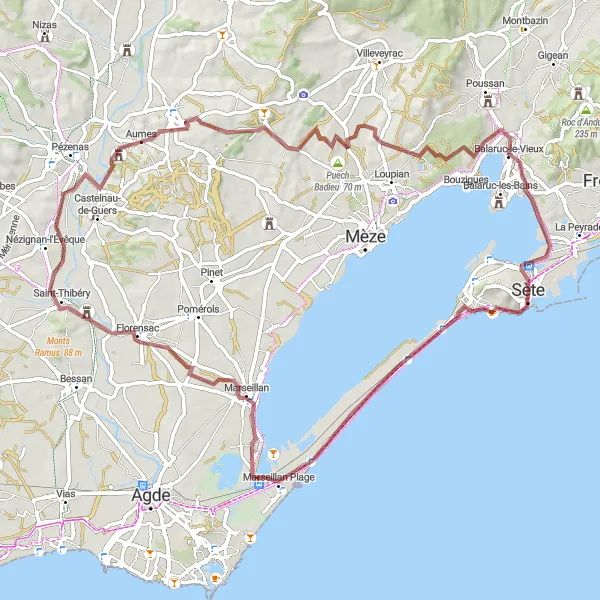 Miniature de la carte de l'inspiration cycliste "Exploration de la côte méditerranéenne" dans la Languedoc-Roussillon, France. Générée par le planificateur d'itinéraire cycliste Tarmacs.app