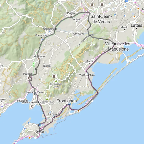 Map miniature of "Scenic Road Cycling Route from Sète" cycling inspiration in Languedoc-Roussillon, France. Generated by Tarmacs.app cycling route planner