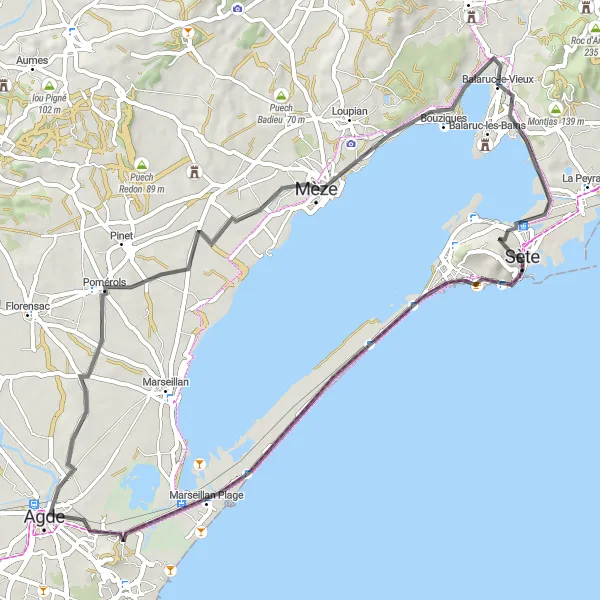 Map miniature of "Coastal Road Cycling Route with Challenging Climbs" cycling inspiration in Languedoc-Roussillon, France. Generated by Tarmacs.app cycling route planner