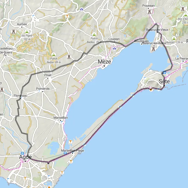 Map miniature of "Coastal Road Cycling Adventure from Sète to Mont Saint-Clair" cycling inspiration in Languedoc-Roussillon, France. Generated by Tarmacs.app cycling route planner