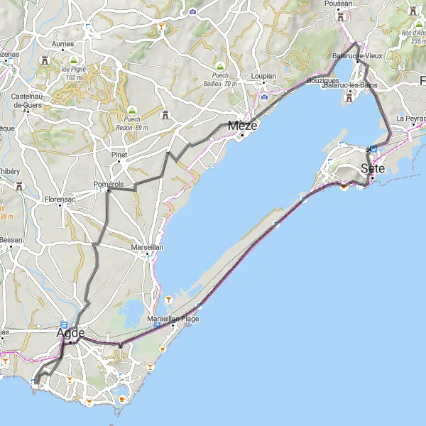 Map miniature of "Coastal Road Adventure" cycling inspiration in Languedoc-Roussillon, France. Generated by Tarmacs.app cycling route planner