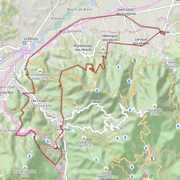 Map miniature of "Gravel Adventure in the Albères" cycling inspiration in Languedoc-Roussillon, France. Generated by Tarmacs.app cycling route planner
