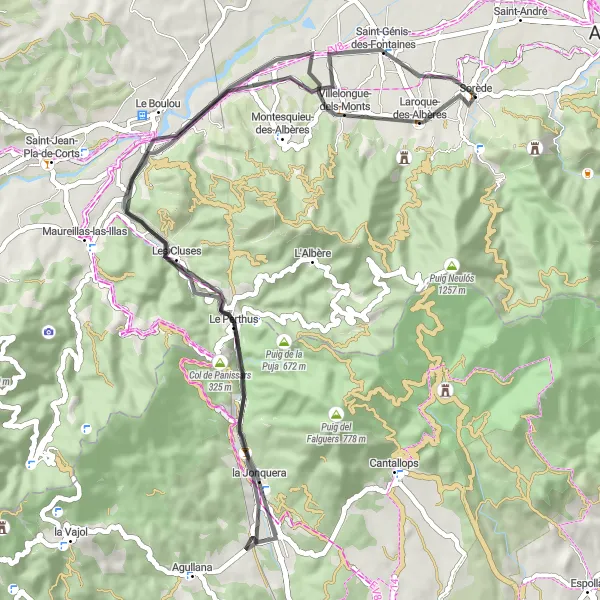 Miniature de la carte de l'inspiration cycliste "Parcours des cols près de Sorède" dans la Languedoc-Roussillon, France. Générée par le planificateur d'itinéraire cycliste Tarmacs.app