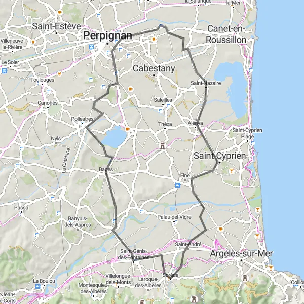 Miniature de la carte de l'inspiration cycliste "Perpignan Panorama Ride" dans la Languedoc-Roussillon, France. Générée par le planificateur d'itinéraire cycliste Tarmacs.app