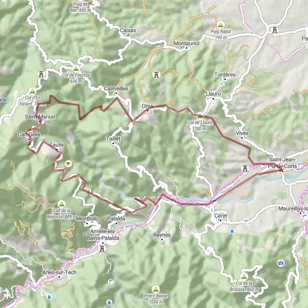 Miniature de la carte de l'inspiration cycliste "Entre Calmeilles et Col de Llauro" dans la Languedoc-Roussillon, France. Générée par le planificateur d'itinéraire cycliste Tarmacs.app