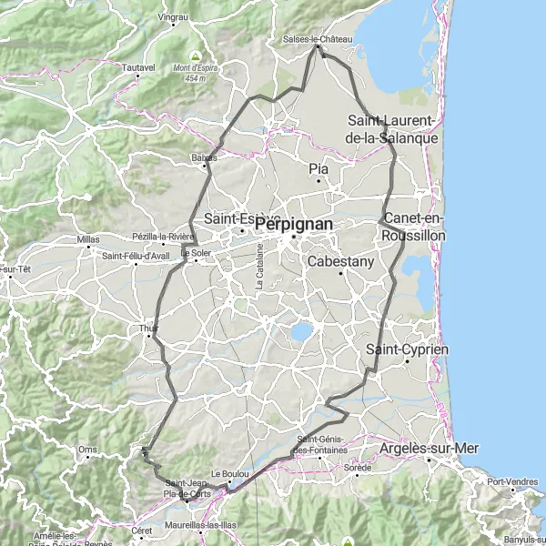 Miniature de la carte de l'inspiration cycliste "Parcours panoramique vers Elne" dans la Languedoc-Roussillon, France. Générée par le planificateur d'itinéraire cycliste Tarmacs.app