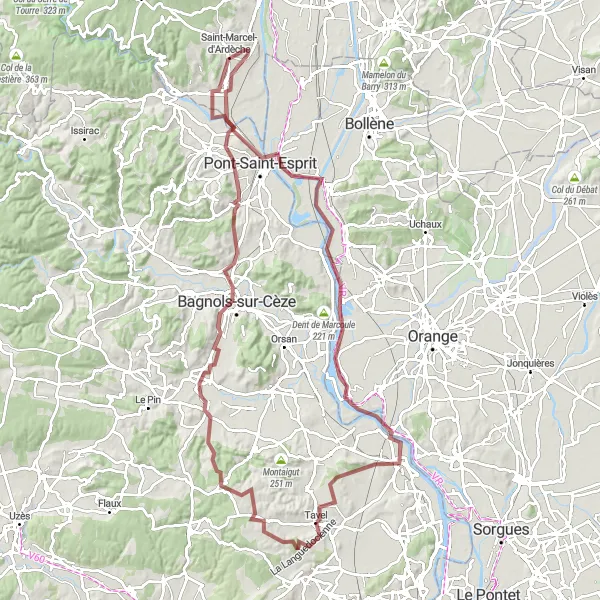 Miniature de la carte de l'inspiration cycliste "Aventure à vélo autour de Tavel" dans la Languedoc-Roussillon, France. Générée par le planificateur d'itinéraire cycliste Tarmacs.app