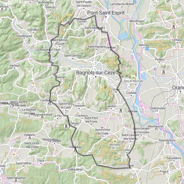 Miniature de la carte de l'inspiration cycliste "Les collines de Tavel" dans la Languedoc-Roussillon, France. Générée par le planificateur d'itinéraire cycliste Tarmacs.app