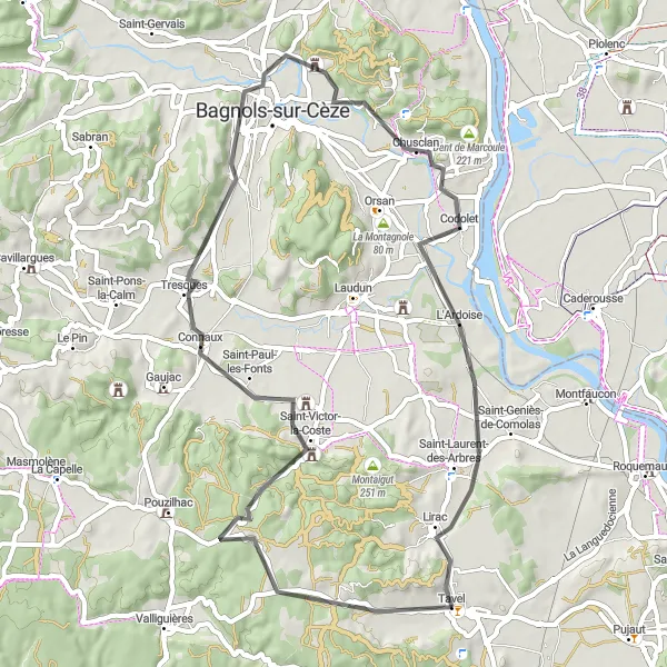 Miniature de la carte de l'inspiration cycliste "Les villages du Gard" dans la Languedoc-Roussillon, France. Générée par le planificateur d'itinéraire cycliste Tarmacs.app