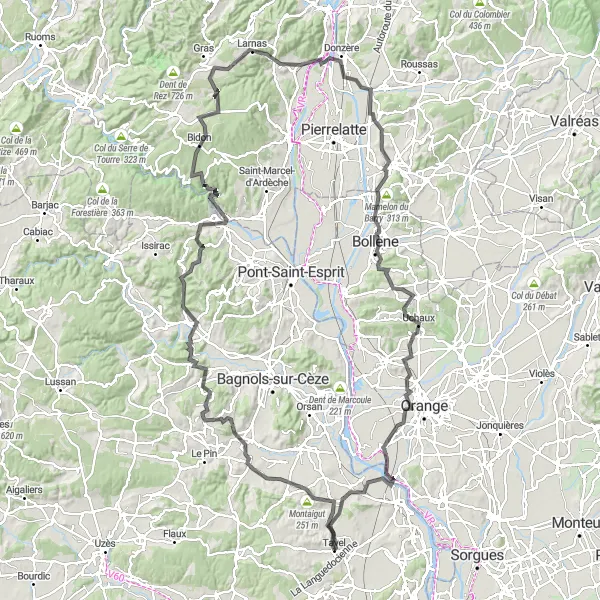 Miniature de la carte de l'inspiration cycliste "Le Tour des Villages de la Vallée de la Cèze" dans la Languedoc-Roussillon, France. Générée par le planificateur d'itinéraire cycliste Tarmacs.app