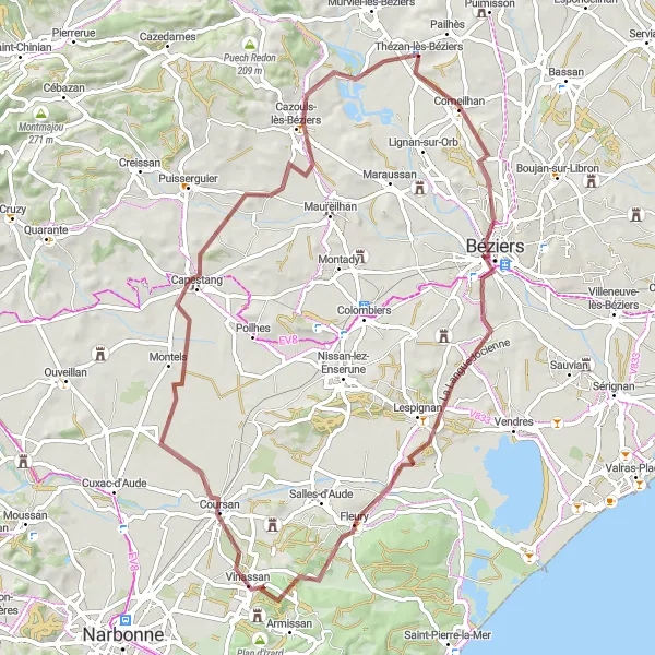 Map miniature of "Gravel Adventure from Thézan-lès-Béziers" cycling inspiration in Languedoc-Roussillon, France. Generated by Tarmacs.app cycling route planner