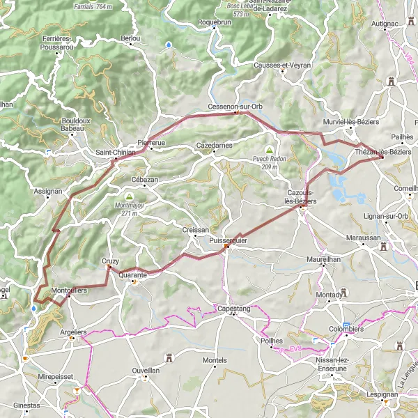 Miniature de la carte de l'inspiration cycliste "Boucle de Cazouls-lès-Béziers et Saint-Chinian" dans la Languedoc-Roussillon, France. Générée par le planificateur d'itinéraire cycliste Tarmacs.app