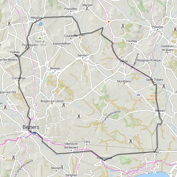 Miniature de la carte de l'inspiration cycliste "Balade vers Béziers" dans la Languedoc-Roussillon, France. Générée par le planificateur d'itinéraire cycliste Tarmacs.app