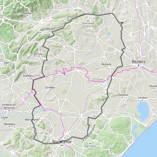 Map miniature of "The Breathtaking Narbonne Journey" cycling inspiration in Languedoc-Roussillon, France. Generated by Tarmacs.app cycling route planner