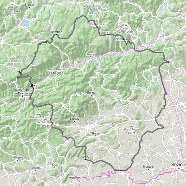 Miniature de la carte de l'inspiration cycliste "Tour panoramique du Languedoc-Roussillon" dans la Languedoc-Roussillon, France. Générée par le planificateur d'itinéraire cycliste Tarmacs.app