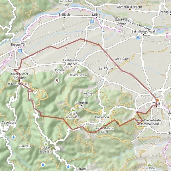 Miniature de la carte de l'inspiration cycliste "Graviers de Thuir" dans la Languedoc-Roussillon, France. Générée par le planificateur d'itinéraire cycliste Tarmacs.app
