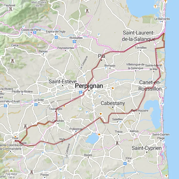 Map miniature of "Leisurely Gravel Ride near Thuir" cycling inspiration in Languedoc-Roussillon, France. Generated by Tarmacs.app cycling route planner