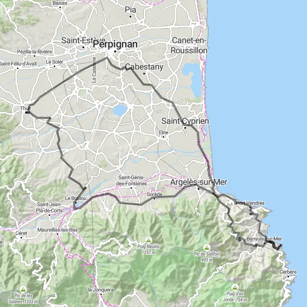 Map miniature of "Road Cycling Escapade near Thuir" cycling inspiration in Languedoc-Roussillon, France. Generated by Tarmacs.app cycling route planner