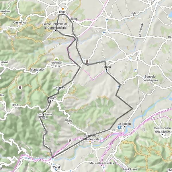 Map miniature of "Thuir Loop via Saint-Jean-Pla-de-Corts and Llauro" cycling inspiration in Languedoc-Roussillon, France. Generated by Tarmacs.app cycling route planner
