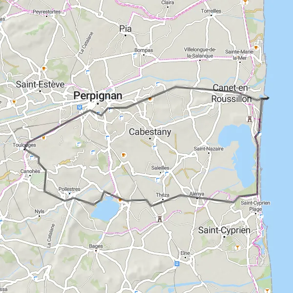 Map miniature of "Perpignan to Le Château Route" cycling inspiration in Languedoc-Roussillon, France. Generated by Tarmacs.app cycling route planner