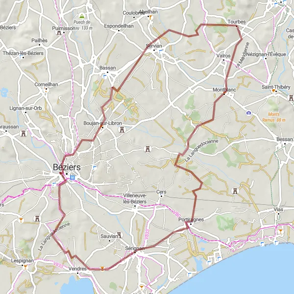 Map miniature of "Gravel Adventure to Montblanc" cycling inspiration in Languedoc-Roussillon, France. Generated by Tarmacs.app cycling route planner