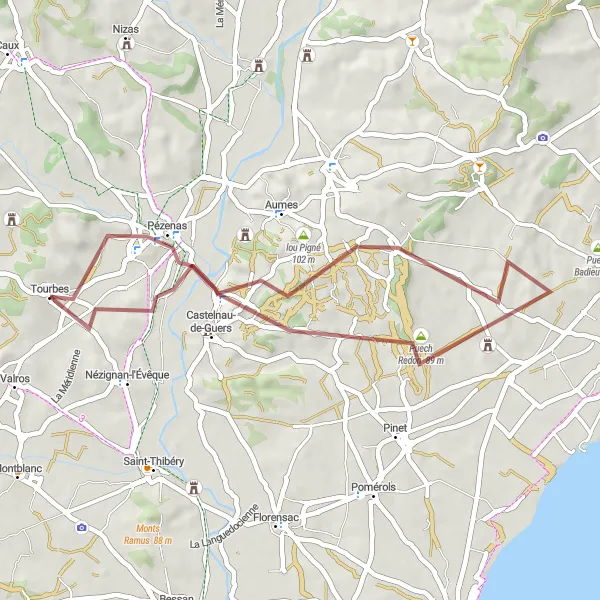 Miniature de la carte de l'inspiration cycliste "Le tour de Pézenas" dans la Languedoc-Roussillon, France. Générée par le planificateur d'itinéraire cycliste Tarmacs.app