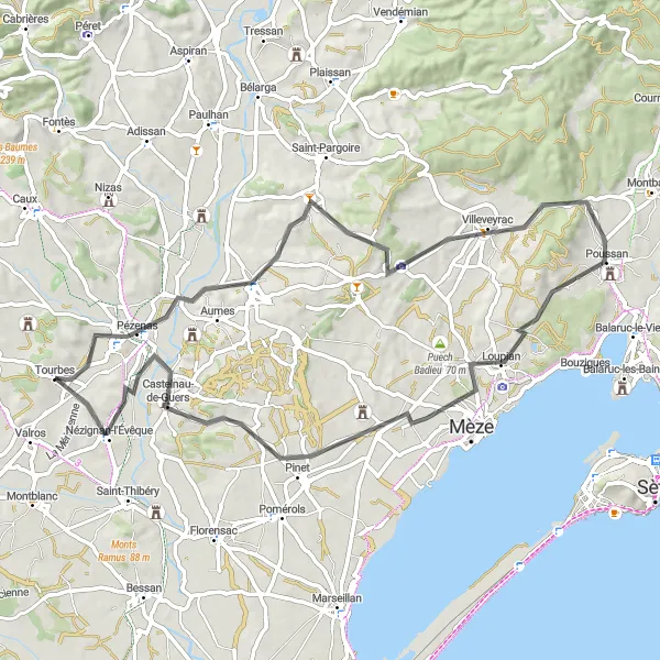 Miniature de la carte de l'inspiration cycliste "Parcours Cycliste Tourbes-Mont Ferrier" dans la Languedoc-Roussillon, France. Générée par le planificateur d'itinéraire cycliste Tarmacs.app