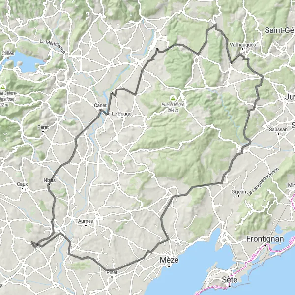 Map miniature of "Ultimate Road Cycling Challenge: Rocky Climbs and Panoramic Views" cycling inspiration in Languedoc-Roussillon, France. Generated by Tarmacs.app cycling route planner