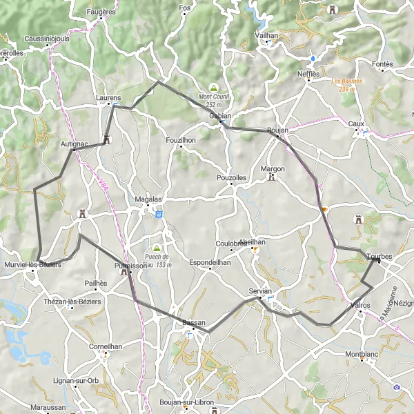Miniature de la carte de l'inspiration cycliste "Boucle à vélo Tourbes-Roujan" dans la Languedoc-Roussillon, France. Générée par le planificateur d'itinéraire cycliste Tarmacs.app