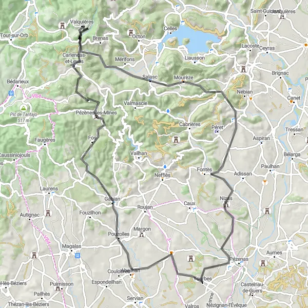 Map miniature of "Road Adventure to Mourèze" cycling inspiration in Languedoc-Roussillon, France. Generated by Tarmacs.app cycling route planner
