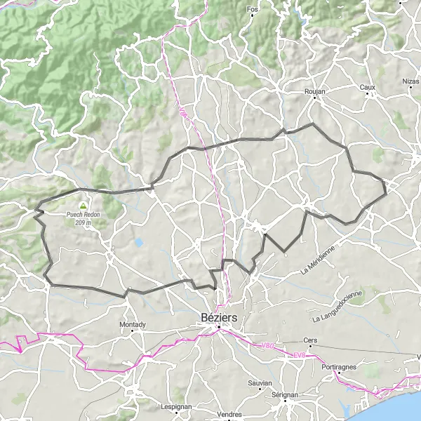Miniature de la carte de l'inspiration cycliste "La boucle de Bassan" dans la Languedoc-Roussillon, France. Générée par le planificateur d'itinéraire cycliste Tarmacs.app