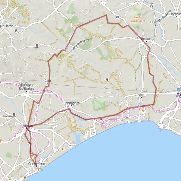 Map miniature of "Gravel Route: Valras-Plage Circuit" cycling inspiration in Languedoc-Roussillon, France. Generated by Tarmacs.app cycling route planner