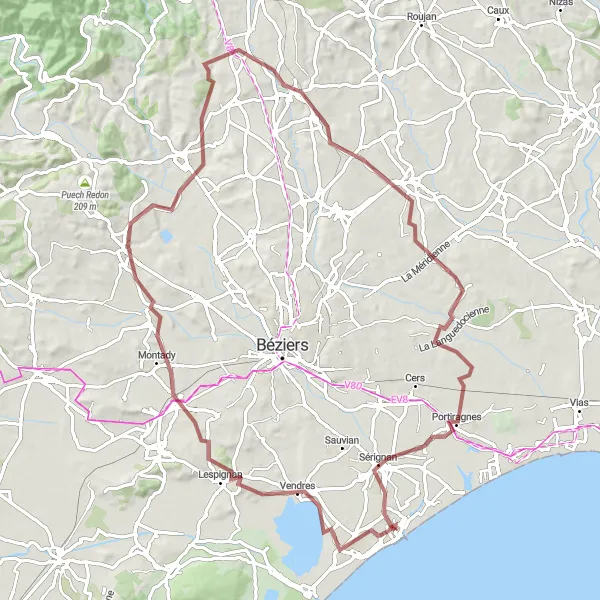 Map miniature of "Vendres and Portiragnes Gravel Adventure" cycling inspiration in Languedoc-Roussillon, France. Generated by Tarmacs.app cycling route planner