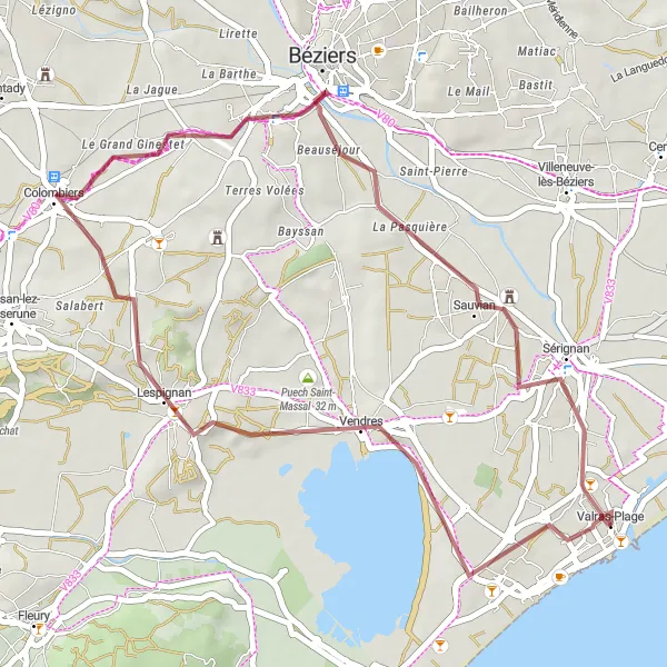 Miniature de la carte de l'inspiration cycliste "Lespignan Gravel Adventure" dans la Languedoc-Roussillon, France. Générée par le planificateur d'itinéraire cycliste Tarmacs.app