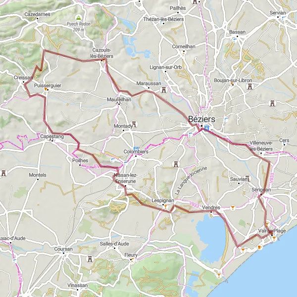 Map miniature of "Gravel Adventure: Valras-Plage Epic Route" cycling inspiration in Languedoc-Roussillon, France. Generated by Tarmacs.app cycling route planner
