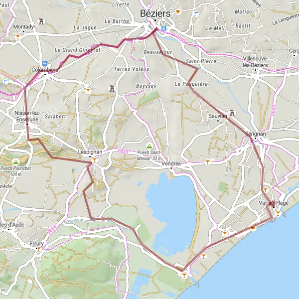 Map miniature of "Gravel Adventure: Fleury d'Aude Loop" cycling inspiration in Languedoc-Roussillon, France. Generated by Tarmacs.app cycling route planner