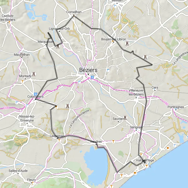 Map miniature of "Road Cycling: Valras-Plage and Beyond" cycling inspiration in Languedoc-Roussillon, France. Generated by Tarmacs.app cycling route planner