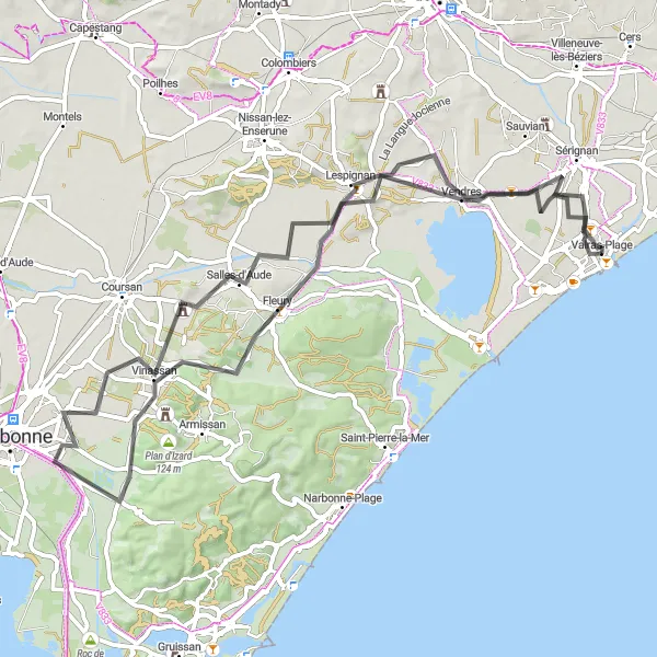 Miniature de la carte de l'inspiration cycliste "Paradis Puech and Lespignan Road Loop" dans la Languedoc-Roussillon, France. Générée par le planificateur d'itinéraire cycliste Tarmacs.app
